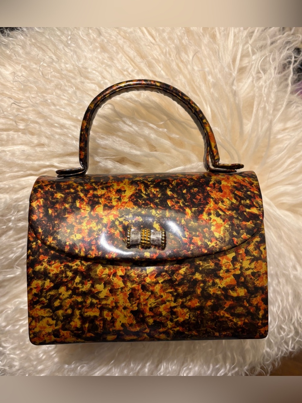 Vintage Koret Tortoiseshell Print Patent Leather Top Handle Bag Bow Detail